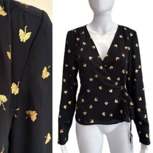 & Other Stories Gold Metallic Leaf Print Wrap Blouse Womens Size 4 Long Sleeve